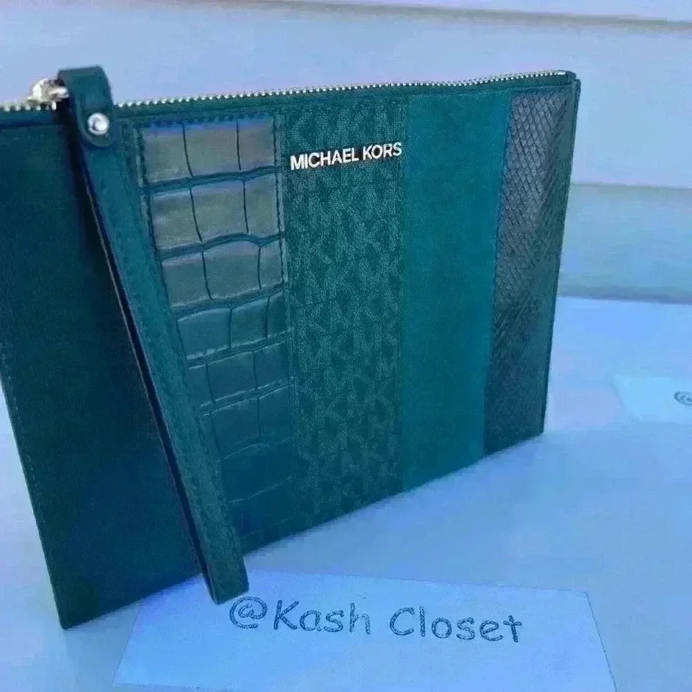 Michael Kors Clutch Wristlet Xl Large Top Zip Clutch Purse Racing Green